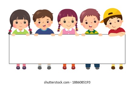 Vector illustration cartoon of kids standing behind blank sign banner. Template for advertising.