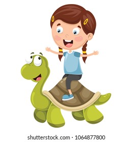 Vector Illustration Of Cartoon Kids With Turtle