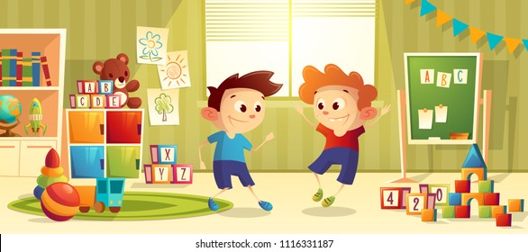 Vector illustration of cartoon kindergarten - boys playing toys. Children, books, furniture for preschool, infant school. Teddy bear, ball with other elements for teaching and learning kids.