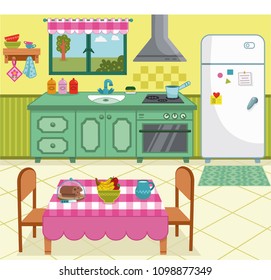 Vector illustration of a cartoon kitchen for general use.
