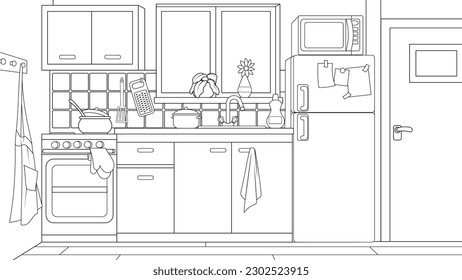 Ilustración vectorial, interior de cocina de dibujos animados, coloración de libros.