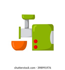 Vector illustration with cartoon kitchen meat grinder and bowl. Cartoon indoor kitchen appliances design. Kitchen equipment for mince meat. Cooking raw meat. Cartoon vector kitchen meat grinder