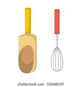 Vector illustration with cartoon kitchen utensil - plastic yellow scoop and metallic red whisk. Kitchenware domestic equipment for cooking and culinary. Household appliances