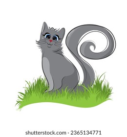 Vector illustration of cartoon kitty sitting in grass on white background. Symbol of pet animal.