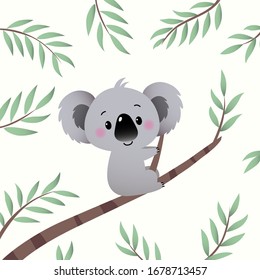 Vector illustration cartoon koala climbing in the Eucalyptus tree branch.