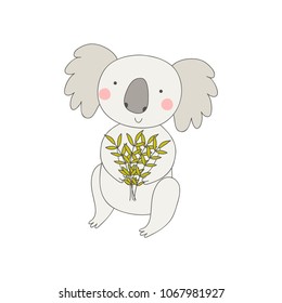 Vector illustration with cartoon koala and green leaves