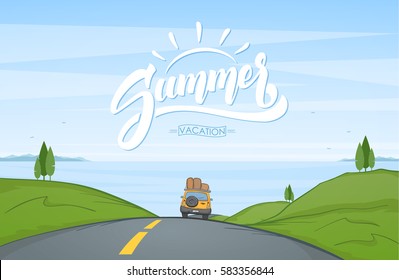 Vector illustration: Cartoon landscape with travel car rides on the road and handwritten lettering of Summer. 