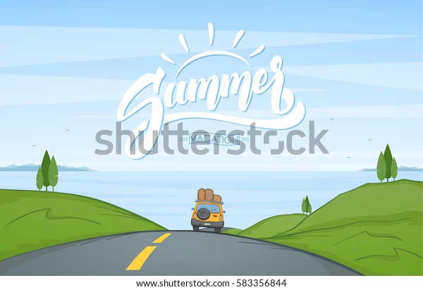 Vector\
illustration: Cartoon landscape with travel car rides on the road\
and handwritten lettering of Summer.\
