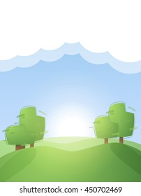Vector illustration: Cartoon landscape with trees hills sunrise and cloud.