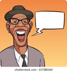 Vector illustration of cartoon laughing black man in hat with speech bubble. Easy-edit layered vector EPS10 file scalable to any size without quality loss. High resolution raster JPG file is included.