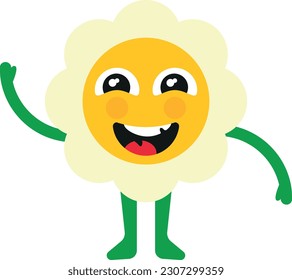 Vector illustration of a cartoon of a laughing flower. Retro style flower waving. Cheerful character of a smiling flower with feet and hands.