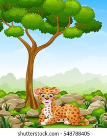 Vector illustration of Cartoon leopard lay down in the jungle