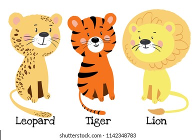 Vector illustration of cartoon leopard, tiger, lion isolated set.