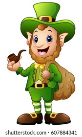 Vector illustration of Cartoon Leprechaun carrying sack of gold with holding a smoking pipe