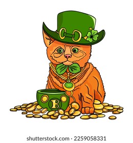 Vector illustration of a cartoon leprechaun cat in a big hat with a pot of gold and coins, clover. Isolated on white background. For printing packaging, cards, designers, clothes, interior, icon, logo