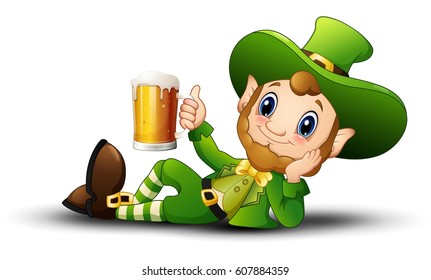 Vector illustration of Cartoon Leprechaun holding a mug beer