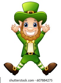 Vector illustration of Cartoon leprechaun joyful jumping