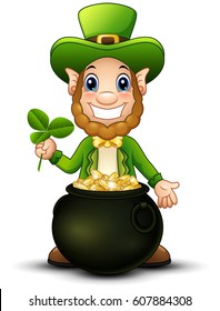 Vector illustration of Cartoon Leprechaun with pot of gold and holding clover leaf