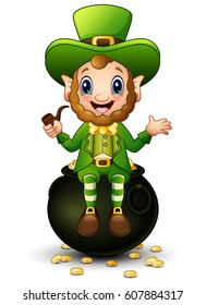 Vector illustration of Cartoon Leprechaun sitting on pot of gold