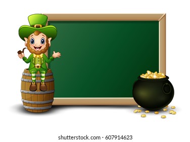 Vector illustration of Cartoon leprechaun sitting above barrel with chalkboard and pot of gold coins