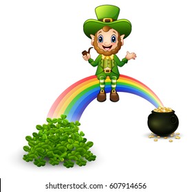 Vector illustration of Cartoon leprechaun sitting on the rainbow with Pot full of golden coins and clovers