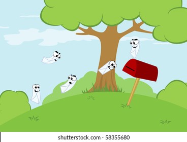 Vector illustration of cartoon letters and mailbox