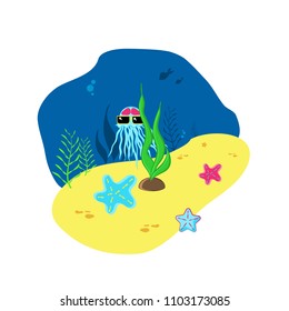 Vector illustration of a cartoon. Life under water, summer vacation, recreation, marine animals and jellyfish with sunglasses.