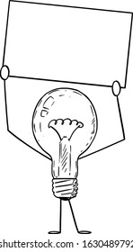 Vector illustration of cartoon light bulb character holding empty sign in hand. Innovation or idea advertisement or marketing design.