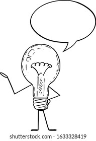 Vector illustration of cartoon light bulb character with speech bubble. Innovation or idea advertisement or marketing design.