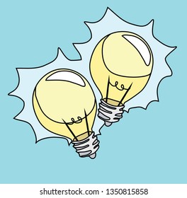 Vector illustration of cartoon lightning bulb like idea isolated on blue background