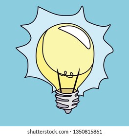 Vector illustration of cartoon lightning bulb like idea isolated on blue background