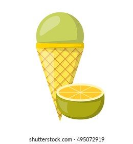 Vector illustration with cartoon lime ice cream ball in cone. Cartoon ice cream flavour. Summer sweet dessert. Vector cartoon icon. Sweet green ball.