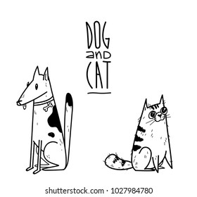 Vector illustration of cartoon linear cat and dog.
