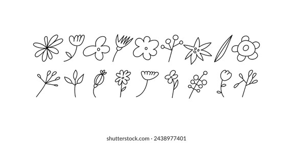 Ilustración vectorial dibujos animados flores lineales ramas. Pegatinas estupendas para medios impresos o sociales