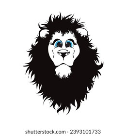 Vector illustration of cartoon lion with blue eyes on white background. Symbol of wild animal.