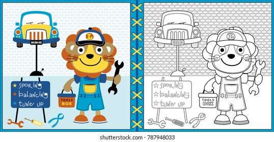 Vector illustration of cartoon lion in car mechanic costume, car repair shop elements, coloring book or page