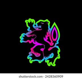 Vector illustration of a cartoon lion with colored outline on a black background