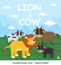Vector illustration of Cartoon lion and cow animal in the jungle
