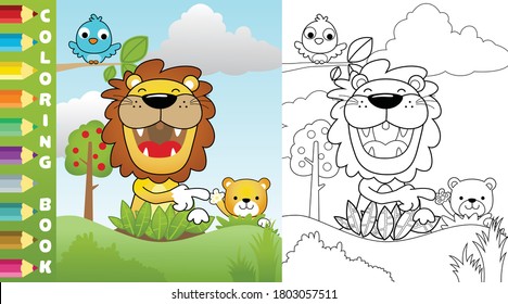 Vector illustration of cartoon lion with it cub, little bird on tree branches, coloring page or book