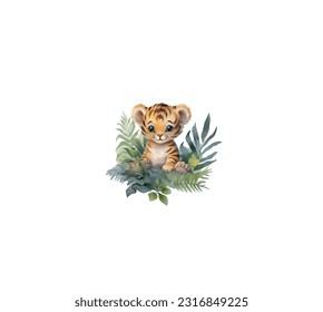 Vector illustration of a cartoon lion cub in the bushes on a white background