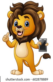 Vector illustration of Cartoon lion giving thumbs up with holding a phone