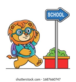 Vector illustration of cartoon lion going to school