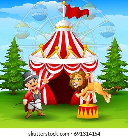 Vector illustration of Cartoon lion jumping through ring on the circus tent background