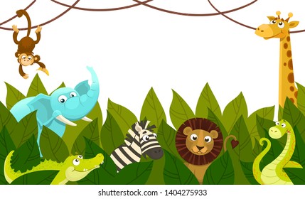 Vector illustration of cartoon lion, monkey, elephant, giraffe, crocodile, zebra in the jungle