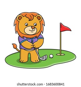 Vector illustration of a cartoon lion playing golf
