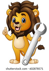 Vector illustration of Cartoon lion pointing with holding a wrench