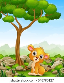 Vector Illustration Of Cartoon Lion Sitting In The Jungle