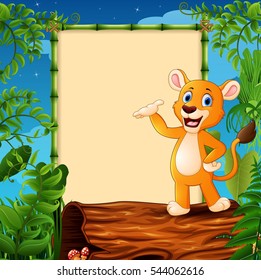 Vector illustration of Cartoon lion standing on hollow log near the empty framed signboard
