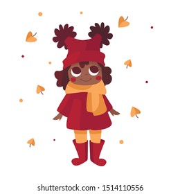 Vector illustration of cartoon a little African American girl standing under autumn fall foliage. Around are circled autumn leaves of yellow color. She in a red hat and a orange scarf with big eyes.