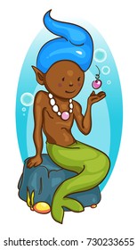 Vector illustration of a cartoon little African American merman boy under the sea, sitting on a stone. Cute character concept. 